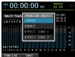 00:00:00 00 Multi Track MONITOR SELECT 10.0001 STREEO 00.00.0 00.00.0 BOUNCE EFFECT SEND 1 EFFECT SEND 2 TIME LINE SAVE