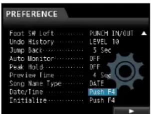 PREFERENCE Foot SW Left.... PUNCH IN/OUT Undo History.... LEVEL 10 Jump Back.... 5 Sec Auto Monitor.... OFF Peak Hold.... OFF Preview Time.... 4 Sec Song Name Type.... DATE Date/Time.... Push F4 Initialize.... Push F4