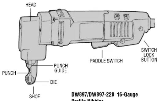HEAD PUNCH SHOE PUNCH GUIDE DIE PADDLE SWITCH SWITCH LOCK BUTTON DW897/DW897-220 16-Gauge Profile Nibbler