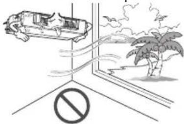 Safety warning illustration showing a vehicle spraying water near a window with a 'no' symbol below, and a palm tree nearby.