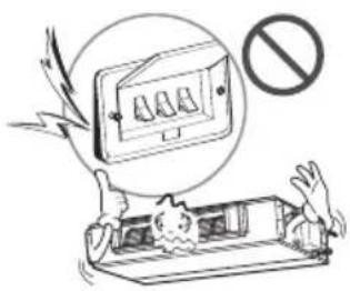 Safety warning illustration showing a device with no protection symbols and text indicating electrical hazard or failure.