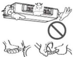 Safety warning illustration showing a car with a person and a prohibition symbol, accompanied by three hand gestures.