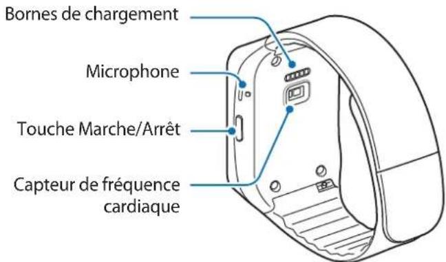 Bornes de chargement Microphone Touche Marche/Arrêt Capteur de fréquence cardiaque
