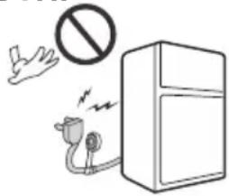 Safety warning illustration showing a refrigerator with a hand holding a device and a 'no' symbol above it.