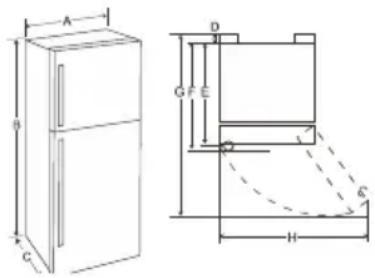Technical diagram of a refrigerator with labeled dimensions and internal components