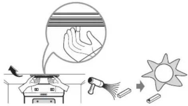 Diagram illustrating a hand gesture and impact technique with labeled components including a device, tool, sun, and battery.