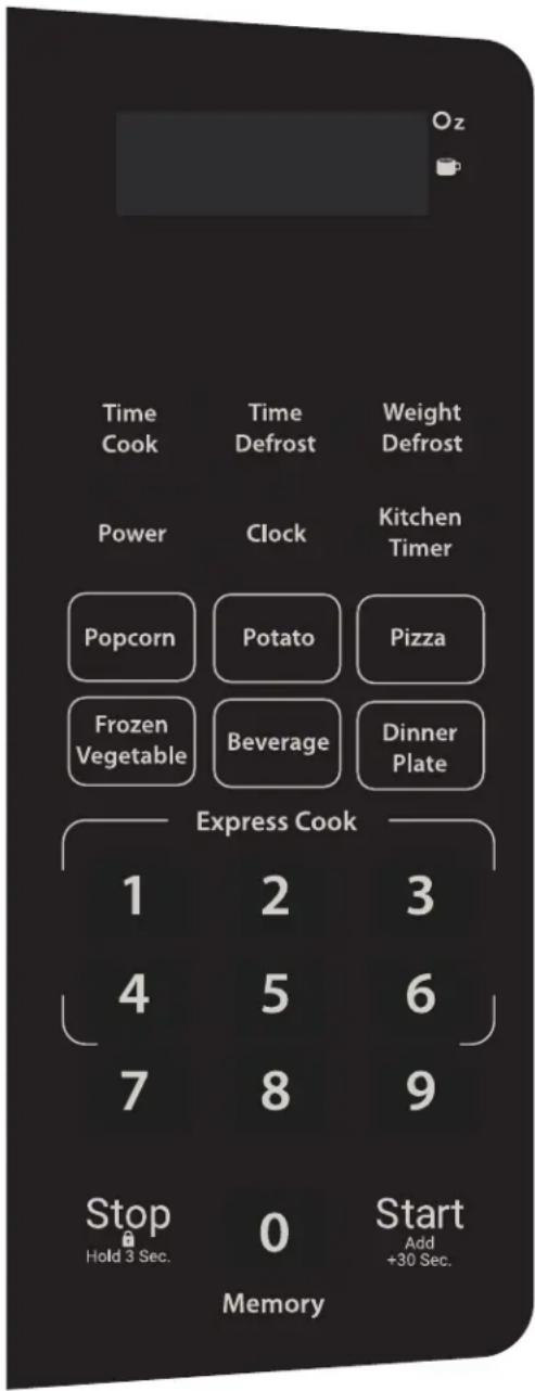 Oz Time Cook Time Defrost Weight Defrost Power Clock Kitchen Timer Popcorn Potato Pizza Frozen Vegetable Beverage Dinner Plate Express Cook 1 2 3 4 5 6 7 8 9 Stop Hold 3 Sec. 0 Start Add +30 Sec. Memory
