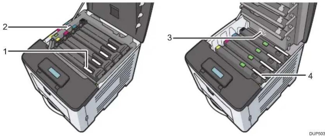 RICOH SP C360DNw - Placering af mærkaterne ADVARSEL og FORSIGTIG - 1