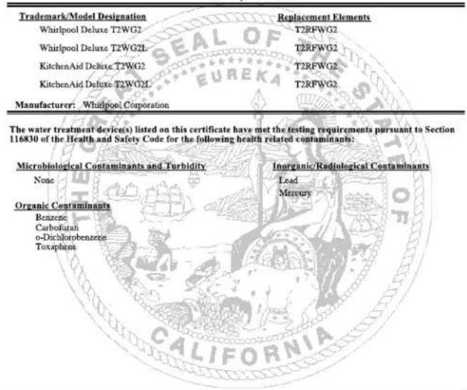 MAYTAG MSD2553WEB - WATER FILTER CERTIFICATIONS - 1