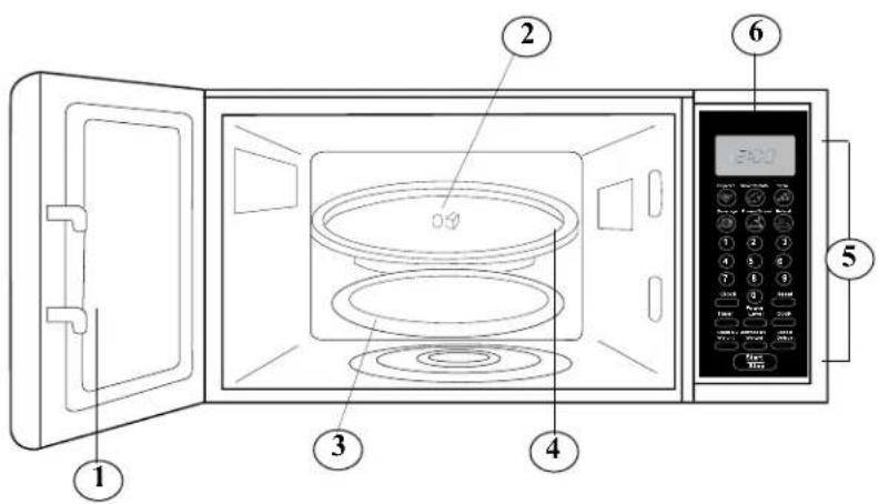 Diagram of a microwave oven with numbered parts for identification and assembly reference.