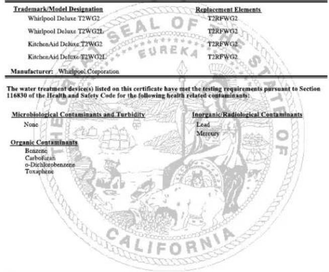 AMANA ASD2522WRW - WATER FILTER CERTIFICATIONS - 1
