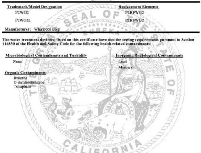 AMANA ASD2522WRW - WATER FILTER CERTIFICATIONS - 3