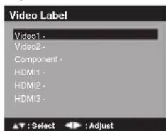 Video Label Video1 - Video2 - Component - HDMI1 - HDMI2 - HDMI3 -