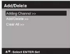 Add/Delete Adding Channel >> Add/Delete >> Clear All >>