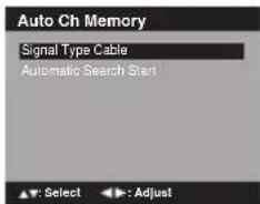 Auto Ch Memory Signal Type Cable Automatic Search Start Select : Adjust