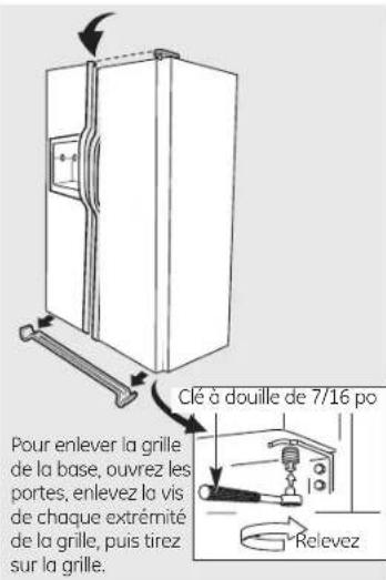Pour enlever la grille de la base, ouvrez les portes, enlevez la vis de chaque extrémité de la grille, puis tirez sur la grille. Clé à douille de 7/16 po Relevez