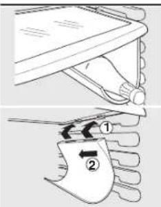 Technical diagram showing two-step assembly steps of a mechanical device with labeled parts ① and ②.