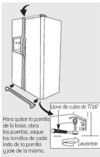 Para quitar la parrilla de la base, abra las puertas, saque los tornillos de cada lado de la parrilla y jale de la misma. Llave de cubo de 7/16" Levantar