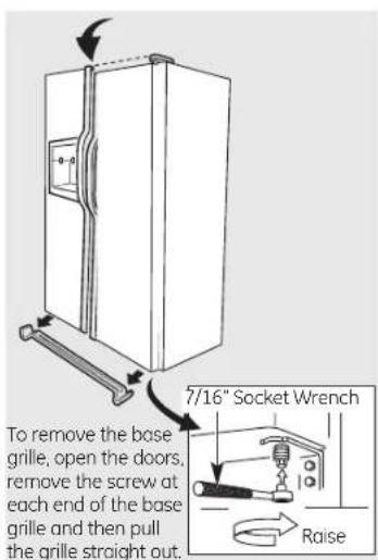 To remove the base grille, open the doors, remove the screw at each end of the base grille and then pull the grille straight out. 7/16" Socket Wrench Raise