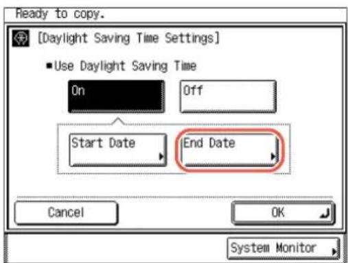 Ready to copy. [Daylight Saving Time Settings] ■ Use Daylight Saving Time On Off Start Date End Date Cancel OK System Monitor