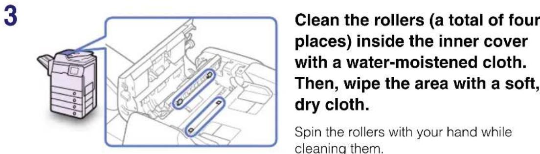 3 Clean the rollers (a total of four places) inside the inner cover with a water-moistened cloth. Then, wipe the area with a soft, dry cloth. Spin the rollers with your hand while cleaning them.