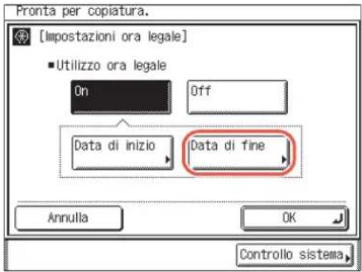 Pronta per copiatura. [Impostazioni ora legale] Utilizzo ora legale On Off Data di inizio Data di fine Annulla OK Controllo sistema