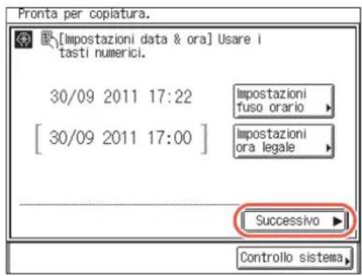 Pronta per copiatura. [Impostazioni data & ora] Usare i tasti numerici. 30/09 2011 17:22 [30/09 2011 17:00] Impostazioni fuso orario Impostazioni ora legale Successivo Controllo sistema