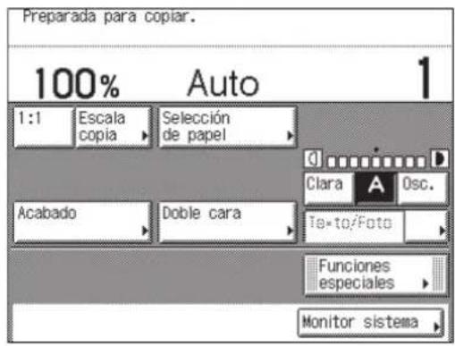 Preparada para copiar. 100% Auto 1 1:1 Escala copia → Selección de papel Clara A Osc. Acabado → Doble cara Te-to/Foto Funciones especiales Monitor sistema