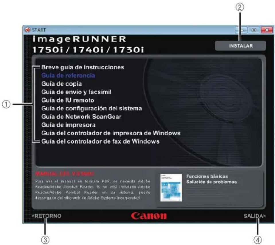 START imageRUNNER 1750i / 1740i / 1730i INSTALAR Breve guía de instrucciones Guía de referencia Guía de copia Guía de envío y facsimil Guía de IU remoto Guía de configuración del sistema Guía de Network ScanGear Guía de impresora Guía del controlador de impresora de Windows Guía del controlador de fax de Windows WINSUA DEL VISUALI Para var el manual en formato PDF, se nacerita Adobe Reader/Adobe Acrobat Reader. Si ne está instalado Adobe Reader/Adobe Acrobat Reader en su sistema, puede descargato de sitio web de Adobe Systems Incorporated Funciones básicas Solución de problemas