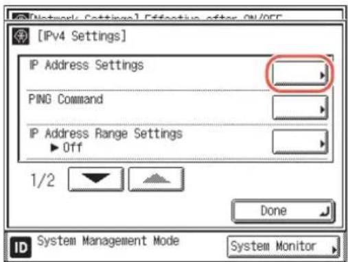 [IPv4 Settings] IP Address Settings PING Command IP Address Range Settings ▶ Off 1/2 Done ID System Management Mode System Monitor