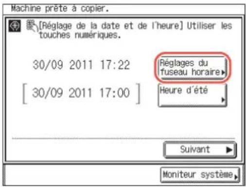 Machine prête à copier. [Réglage de la date et de l'heure] Utiliser les touches numériques. 30/09 2011 17:22 [ 30/09 2011 17:00 ] Réglages du fuseau horaire Heure d'été Suivant Moniteur système
