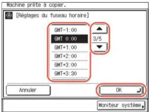Machine prête à copier. [Réglages du fuseau horaire] GMT-1:00 GMT 0:00 GMT+1:00 GMT+2:00 GMT+3:00 GMT+3:30 3/5 Annuler OK Moniteur système