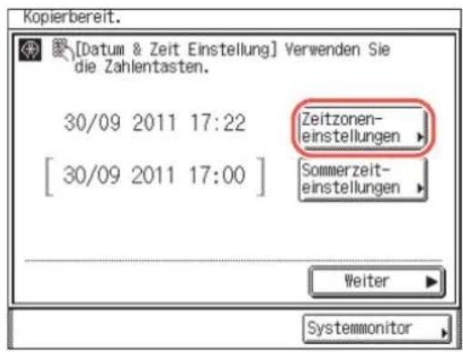 [Datum & Zeit Einstellung] Verwenden Sie die Zahlentasten. 30/09 2011 17:22 [30/09 2011 17:00] Zeitzonen- einstellungen Sommerzeit- einstellungen Weiter Systemmonitor