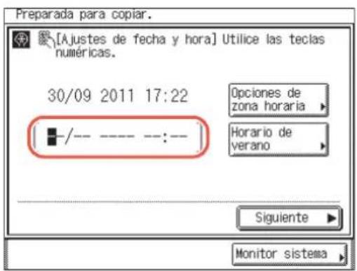 [Ajustes de fecha y hora] Utilice las teclas numéricas. 30/09 2011 17:22 -/- ---- --::-- Opciones de zona horaria Horario de verano Siguiente Monitor sistema