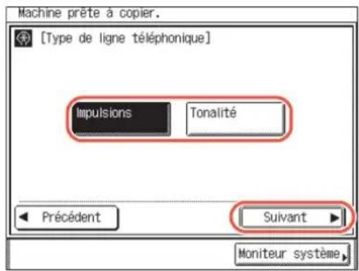 Machine prête à copier. [Type de ligne téléphonique] Impulsions Tonalité Précédent Suivant Moniteur système