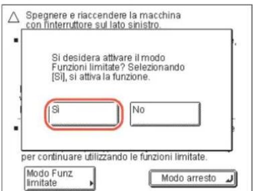 Spegnere e riaccendere la macchina con l'interruttore sul lato sinistro. Si desidera attivare il modo Funzioni limitate? Selezionando [Si], si attiva la funzione. Si No per continuare utilizzando le funzioni limitate. Modo Funz limitate Modo arresto