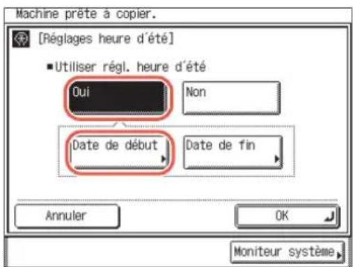 Machine prête à copier. [Réglages heure d'été] ■Utiliser régl. heure d'été Oui Non Date de début Data de fin Annuler OK Moniteur système