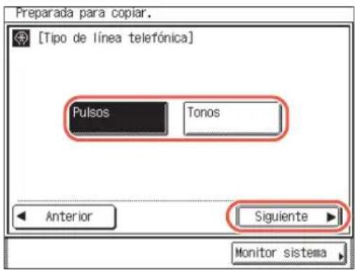 Preparada para copiar. [Tipo de línea telefónica] Pulsos Tonos Anterior Siguiente Monitor sistema