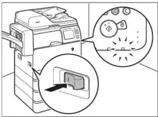 Diagram showing printer setup with zoomed-in view of internal components and control buttons, labeled in Chinese.