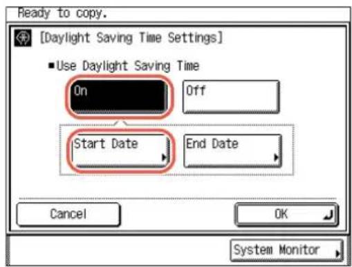 Ready to copy. [Daylight Saving Time Settings] ■ Use Daylight Saving Time On Off Start Date End Date Cancel OK System Monitor