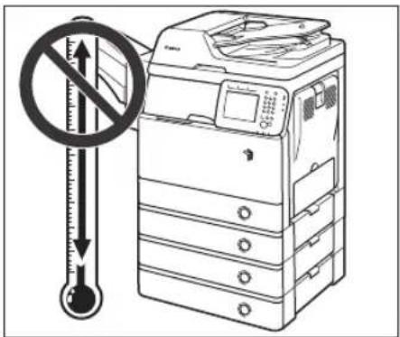 Diagram showing a printer with a no-smoking sign and thermometer, indicating low temperature tolerance.