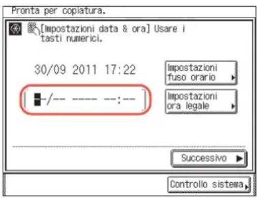 Pronta per copiatura. [Impostazioni data & ora] Usare i tasti numerici. 30/09 2011 17:22 Impostazioni fuso orario Impostazioni ora legale Successivo Controllo sistema