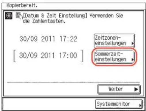 [Datum & Zeit Einstellung] Verwenden Sie die Zahlentasten. 30/09 2011 17:22 [30/09 2011 17:00] Zeitzonen- einstellungen Sommerzeit- einstellungen Weiter Systemmonitor