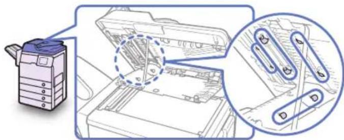 Diagram showing printer setup with labeled parts and a magnified view of the printer's internal structure.