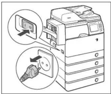 Diagram illustrating printer installation process with magnified views showing connection to a device and plug.