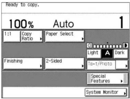 Ready to copy. 100% Auto 1 1:1 Copy Paper Select Ratio Finishing 2-Sided Light A Dark Ta=1/Photo Special Features System Monitor
