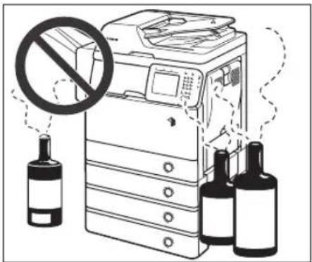 Illustration showing a printer emitting a bottle with a no-smoking symbol, alongside two bottles labeled 'Bottle 1' and 'Bottle 2'.