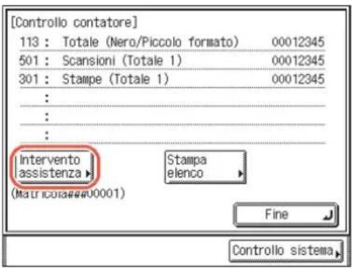 [Controllo contatore] 113 : Totale (Nero/Piccolo formato) 00012345 501 : Scansioni (Totale 1) 00012345 301 : Stampe (Totale 1) 00012345 : : : : Intervento assistenza ▶ Stampa elenco ▶ (Matricola#####00001) Fine Controllo sistema