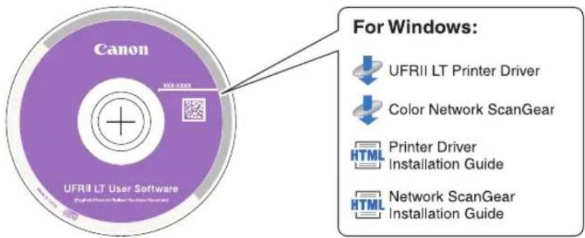 For Windows: UFRII LT Printer Driver Color Network ScanGear Printer Driver Installation Guide Network ScanGear Installation Guide Canon UFRII LT User Software English/Print/User Software/Scaner
