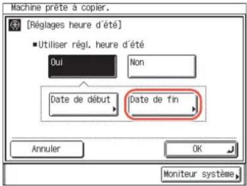 Machine prête à copier. [Réglages heure d'été] • Utiliser régl. heure d'été Oui Non Date de début Date de fin Annuler OK Moniteur système